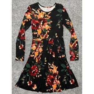 Korsis Fit & Flare Dress Womens M Black Red Floral Stretch Long Sleeve Pockets